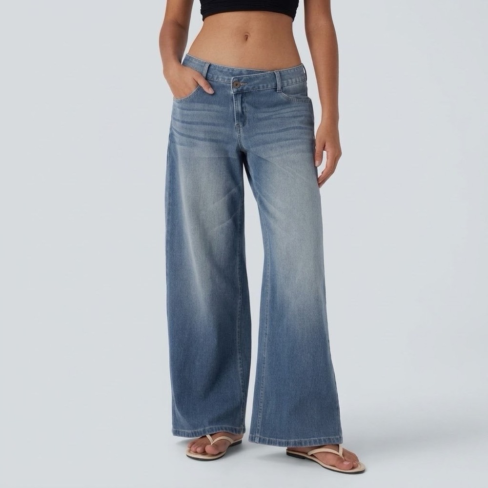 Halara Flex Asymmetric Low Rise Zipper Pockets Baggy Wide Leg Washed Jeans XL*